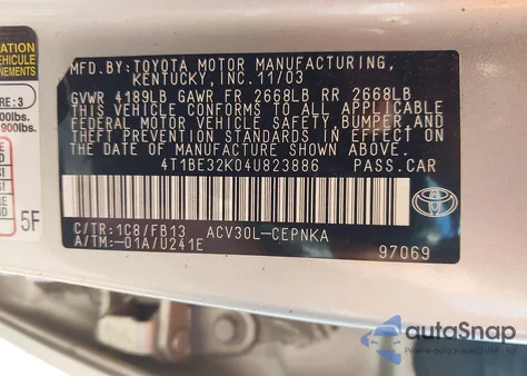 2004 Toyota Camry Le из США, поврежденный, VIN 4T1BE32K04U823886